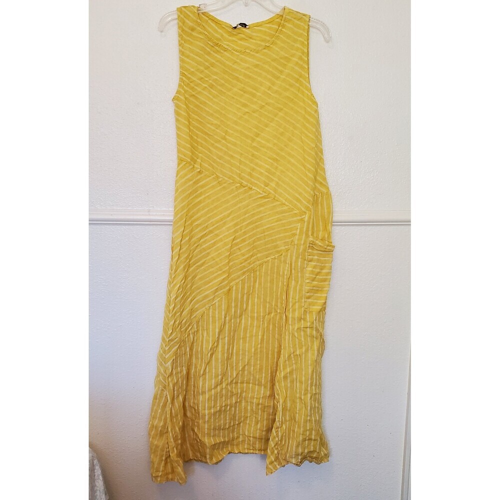 Meo Meli Women's Yellow White Stripe Linen Blend Sleeveless Midi Maxi Dress
